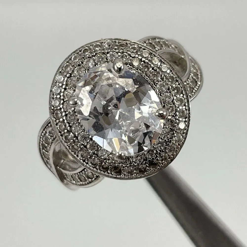 925 Sterling Silver White Cubic Zirconia Halo Oval Cut Statement Ring Sz 7